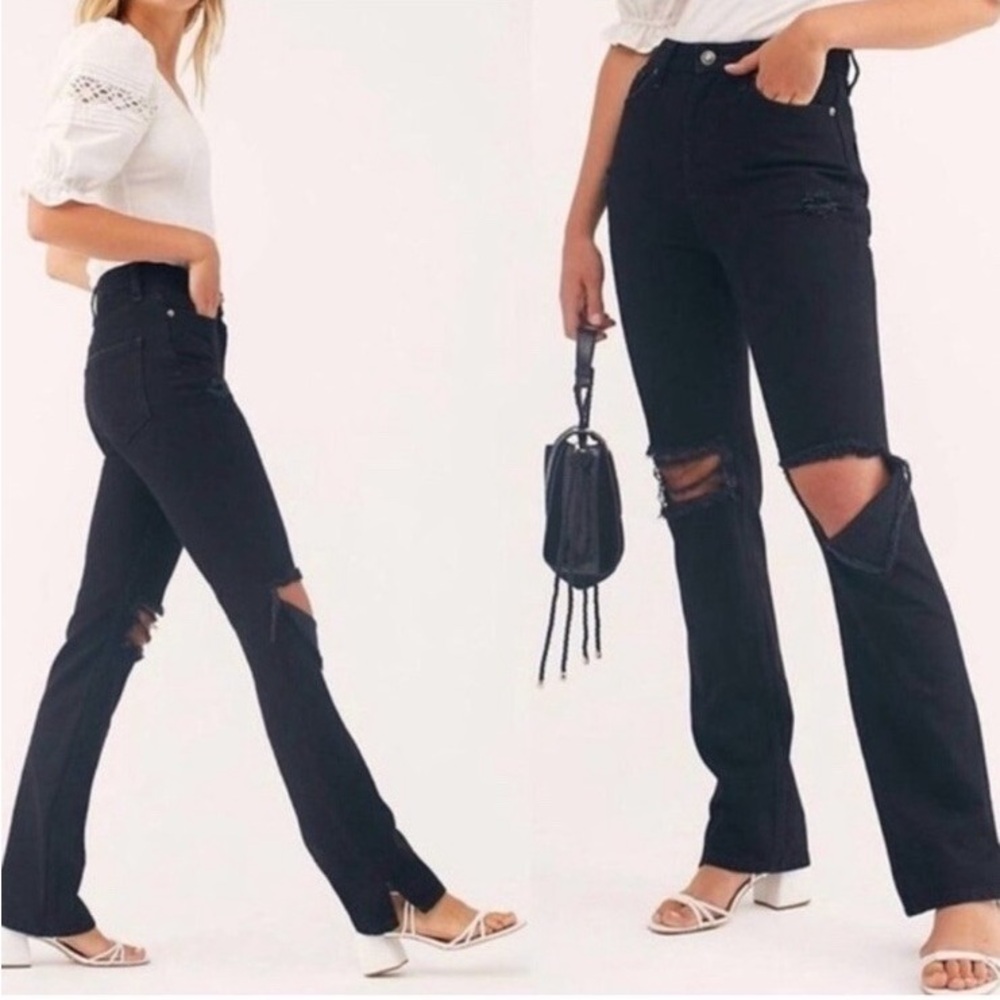 Free People My Own Lane Black High Rise Distressed Jeans